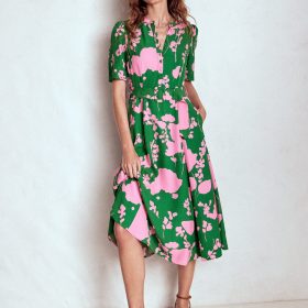 Kate Puff Sleeve Belted Dress-Highland Green, Dainty Sprigs