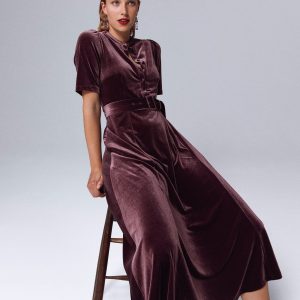 Kate Velvet Shirt Dress-Dark Cherry